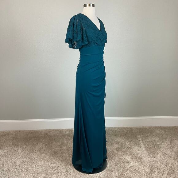 Betsy & Adam Lace and Chiffon Evening Gown Green Size 4 Short Flutter Sleeves - Picture 2 of 13